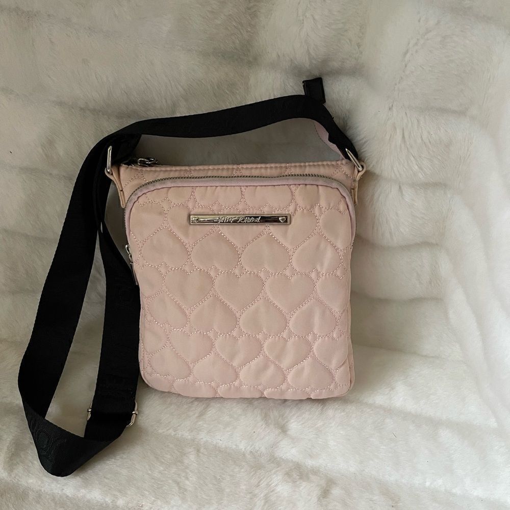 Betsey Johnson pink quilted heart fabric with black nylon crossbody strap